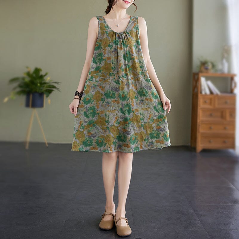 Women Summer Retro Print Loose Sleeveless Dress Jul 2023 New Arrival 
