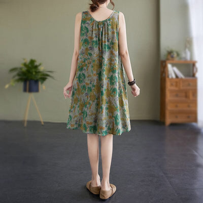 Women Summer Retro Print Loose Sleeveless Dress Jul 2023 New Arrival 