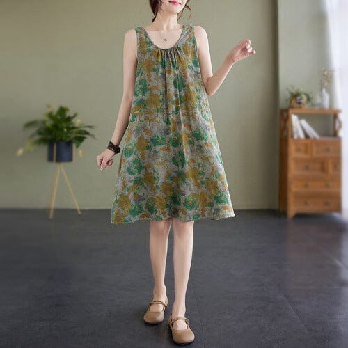 Women Summer Retro Print Loose Sleeveless Dress Jul 2023 New Arrival M Green 