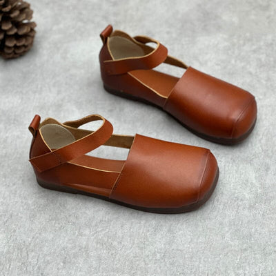 Women Summer Retro Soft Leather Velcro Flat Sandals May 2023 New Arrival 