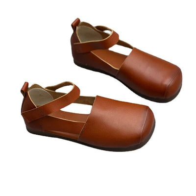 Women Summer Retro Soft Leather Velcro Flat Sandals