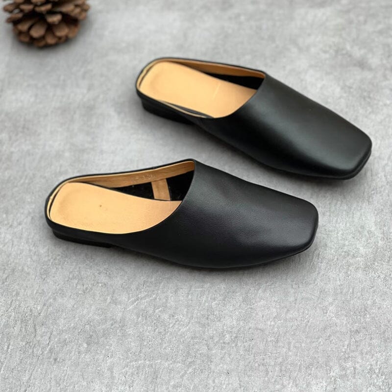 Women Summer Retro Solid Leather Mule Slippers Apr 2023 New Arrival Black 35 