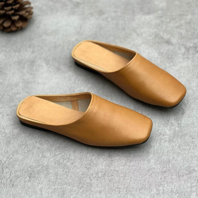 Women Summer Retro Solid Leather Mule Slippers