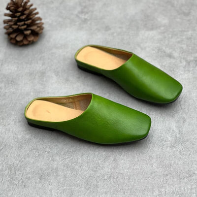 Women Summer Retro Solid Leather Mule Slippers