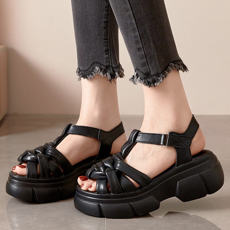 Women Summer Retro Solid Leather Platform Sandals