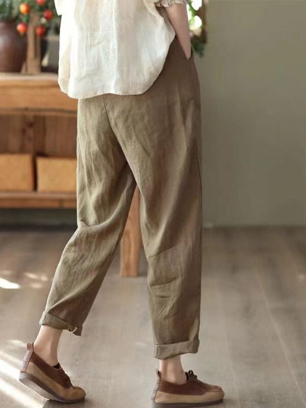 Women Summer Retro Solid Linen Casual Pants