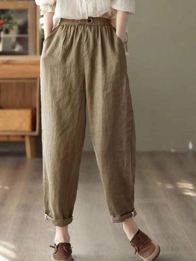 Women Summer Retro Solid Linen Casual Pants