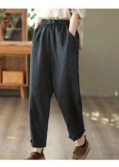 Women Summer Retro Solid Linen Casual Pants Jun 2023 New Arrival Black One Size 