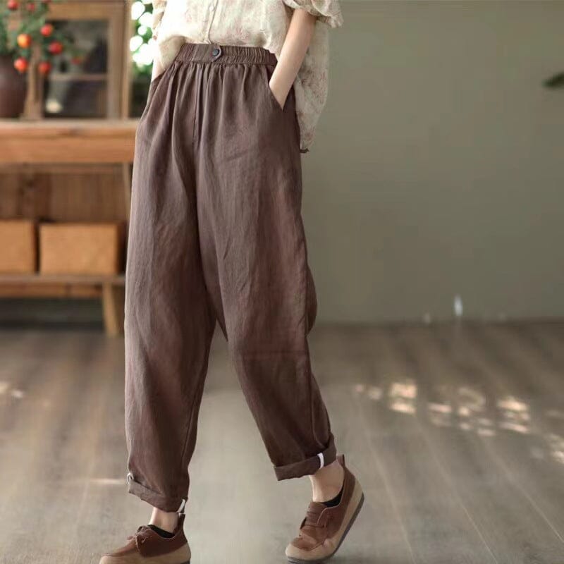 Women Summer Retro Solid Linen Casual Pants – Babakud