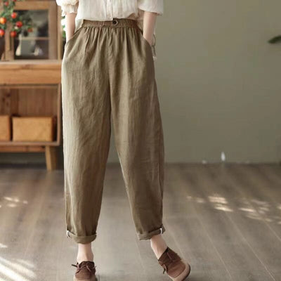 Women Summer Retro Solid Linen Casual Pants Jun 2023 New Arrival Khaki One Size 