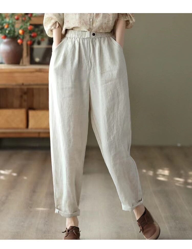 Women Summer Retro Solid Linen Casual Pants Jun 2023 New Arrival Linen One Size 
