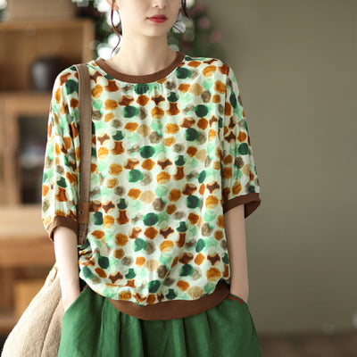 Women Summer Retro Tencel Linen Floral T-Shirt May 2022 New Arrival One Size Green 