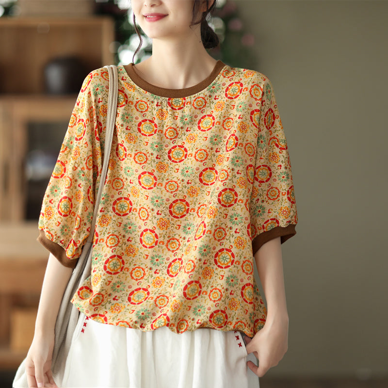 Women Summer Retro Tencel Linen Floral T-Shirt