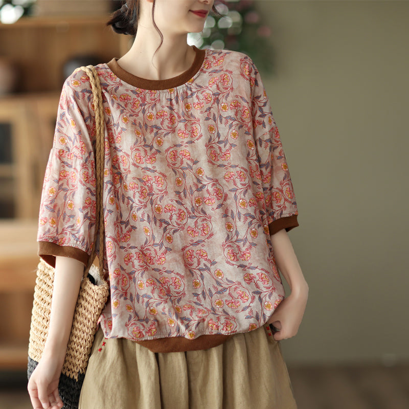 Women Summer Retro Tencel Linen Floral T-Shirt