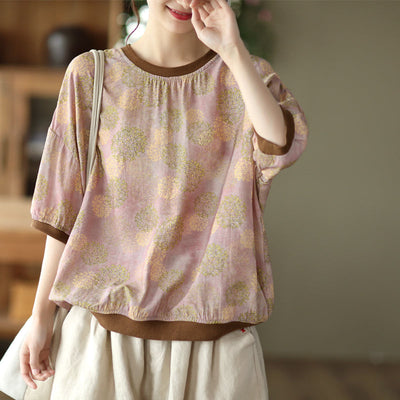 Women Summer Retro Tencel Linen Floral T-Shirt May 2022 New Arrival One Size Rose/Purple 