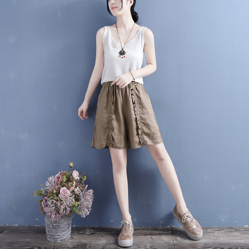 Women Summer Ruffle Cotton Linen Loose Shorts