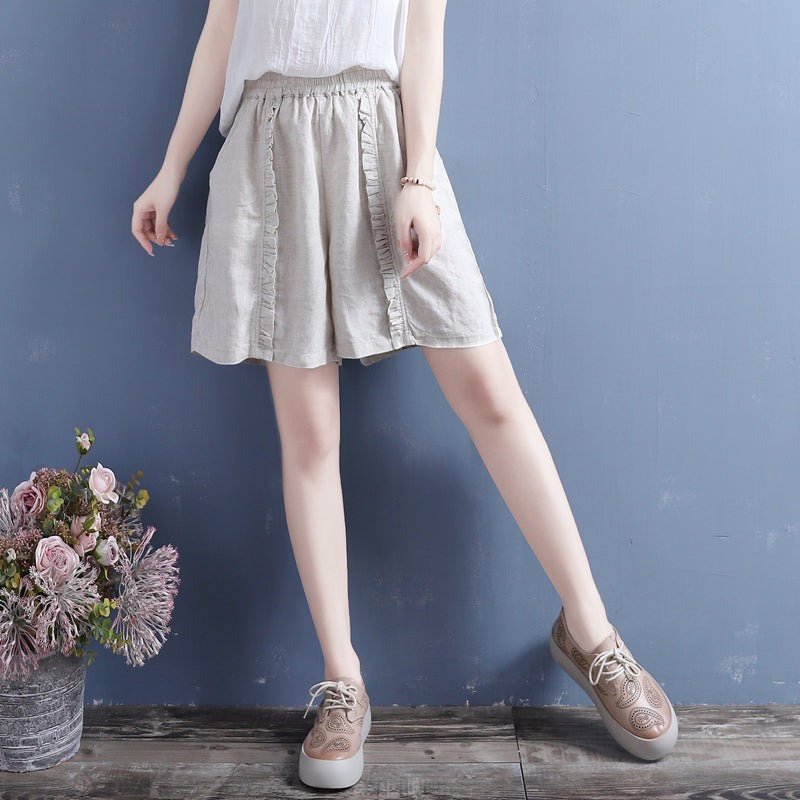 Women Summer Ruffle Cotton Linen Loose Shorts