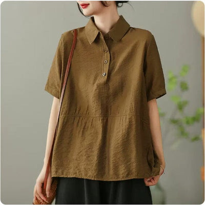 Women Summer Solid Casual Linen Blouse Jun 2023 New Arrival Brown One Size 