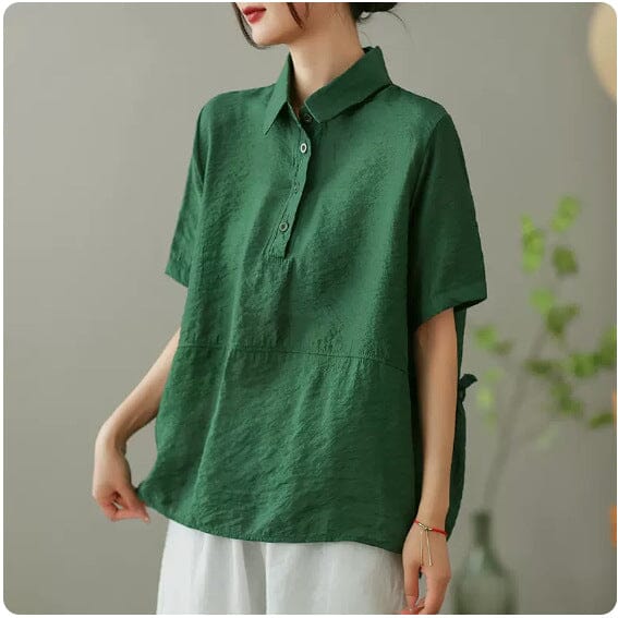 Women Summer Solid Casual Linen Blouse Jun 2023 New Arrival Green One Size 