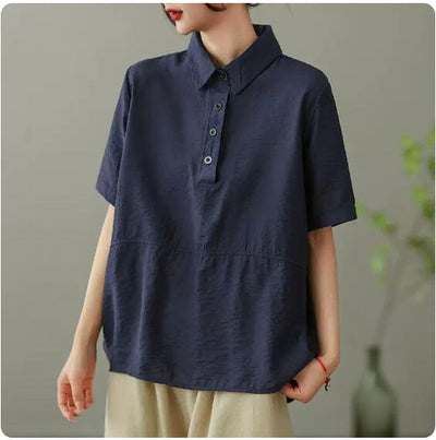 Women Summer Solid Casual Linen Blouse Jun 2023 New Arrival Navy One Size 