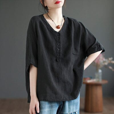 Women Summer Solid Linen Loose T-Shirt May 2023 New Arrival One Size Black 