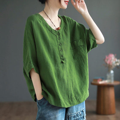 Women Summer Solid Linen Loose T-Shirt May 2023 New Arrival One Size Green 