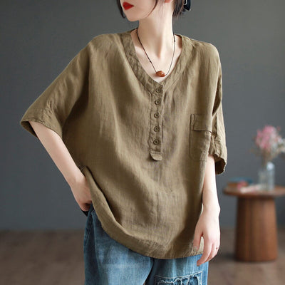 Women Summer Solid Linen Loose T-Shirt May 2023 New Arrival One Size Khaki 