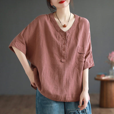 Women Summer Solid Linen Loose T-Shirt May 2023 New Arrival One Size Red 