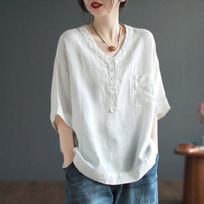 Women Summer Solid Linen Loose T-Shirt May 2023 New Arrival One Size White 