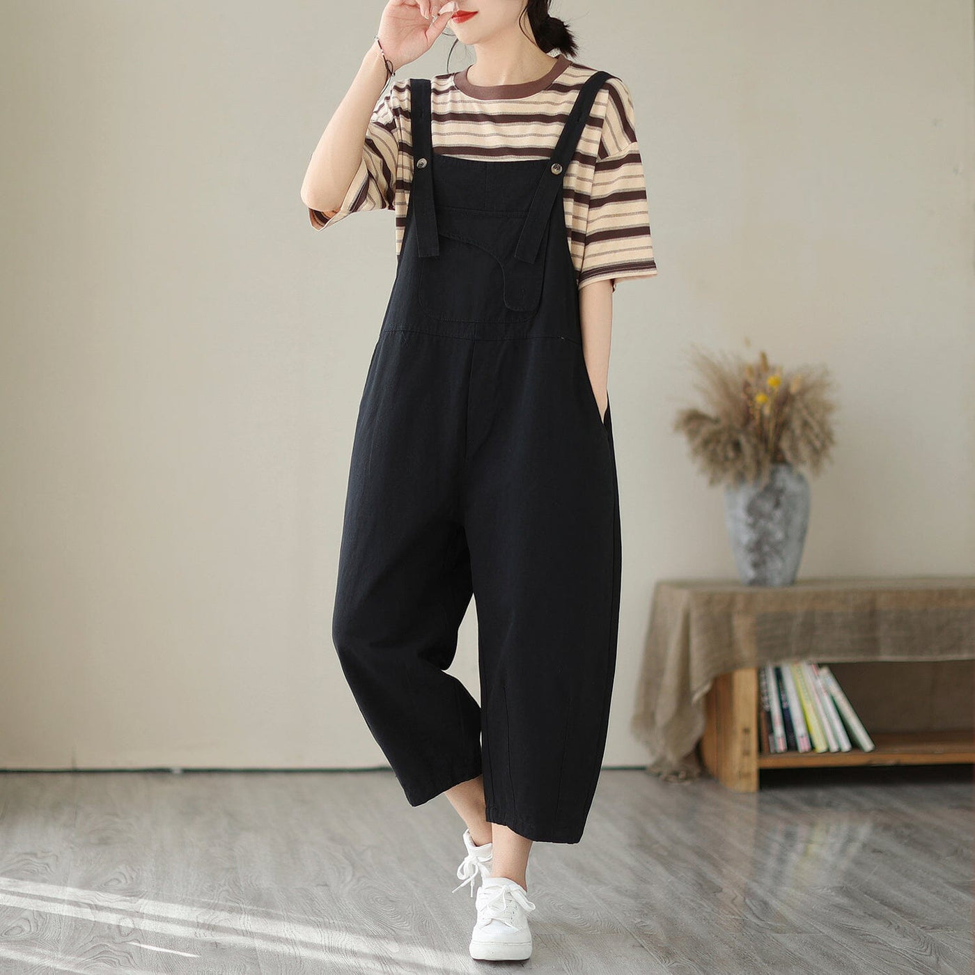 Women Summer Solid Loose Casual Jumpsuit Apr 2023 New Arrival One Size Black 