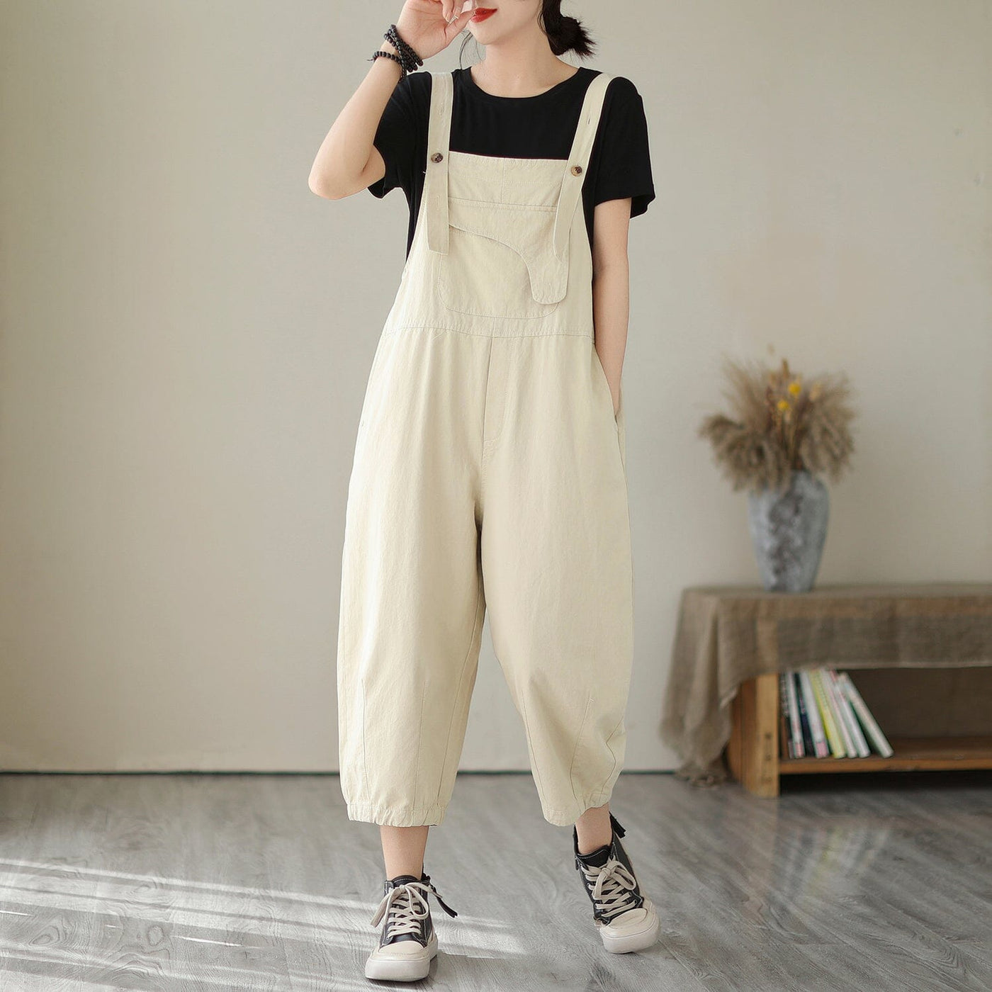 Women Summer Solid Loose Casual Jumpsuit Apr 2023 New Arrival One Size Khaki 