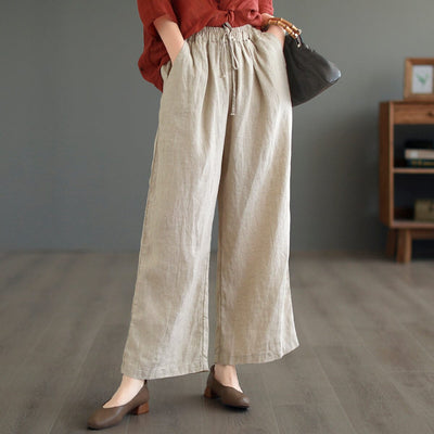 Women Summer Solid Loose Linen Casual Wide Leg Pants May 2023 New Arrival 