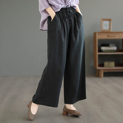 Women Summer Solid Loose Linen Casual Wide Leg Pants May 2023 New Arrival One Size Black 