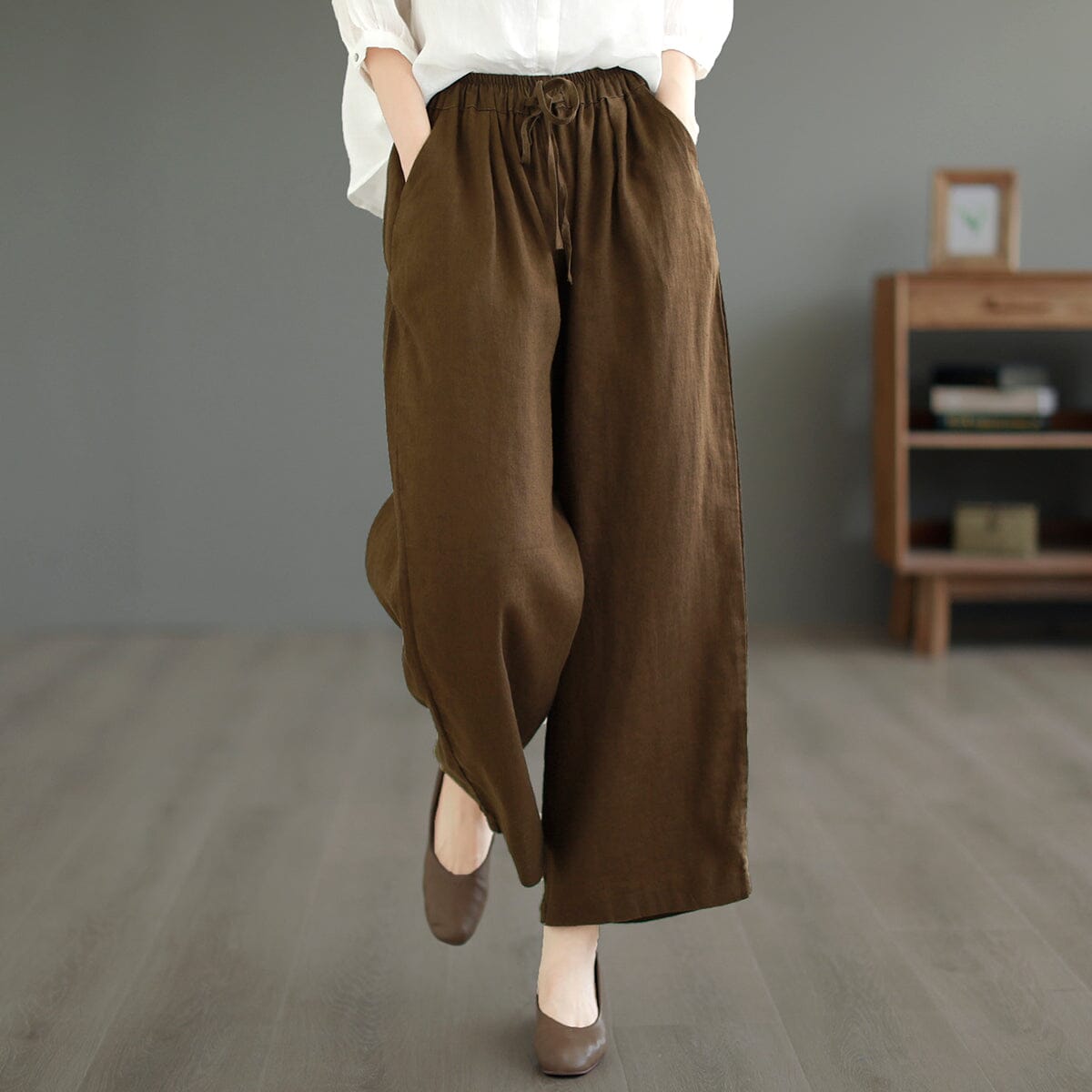 Women Summer Solid Loose Linen Casual Wide Leg Pants May 2023 New Arrival One Size Coffee 