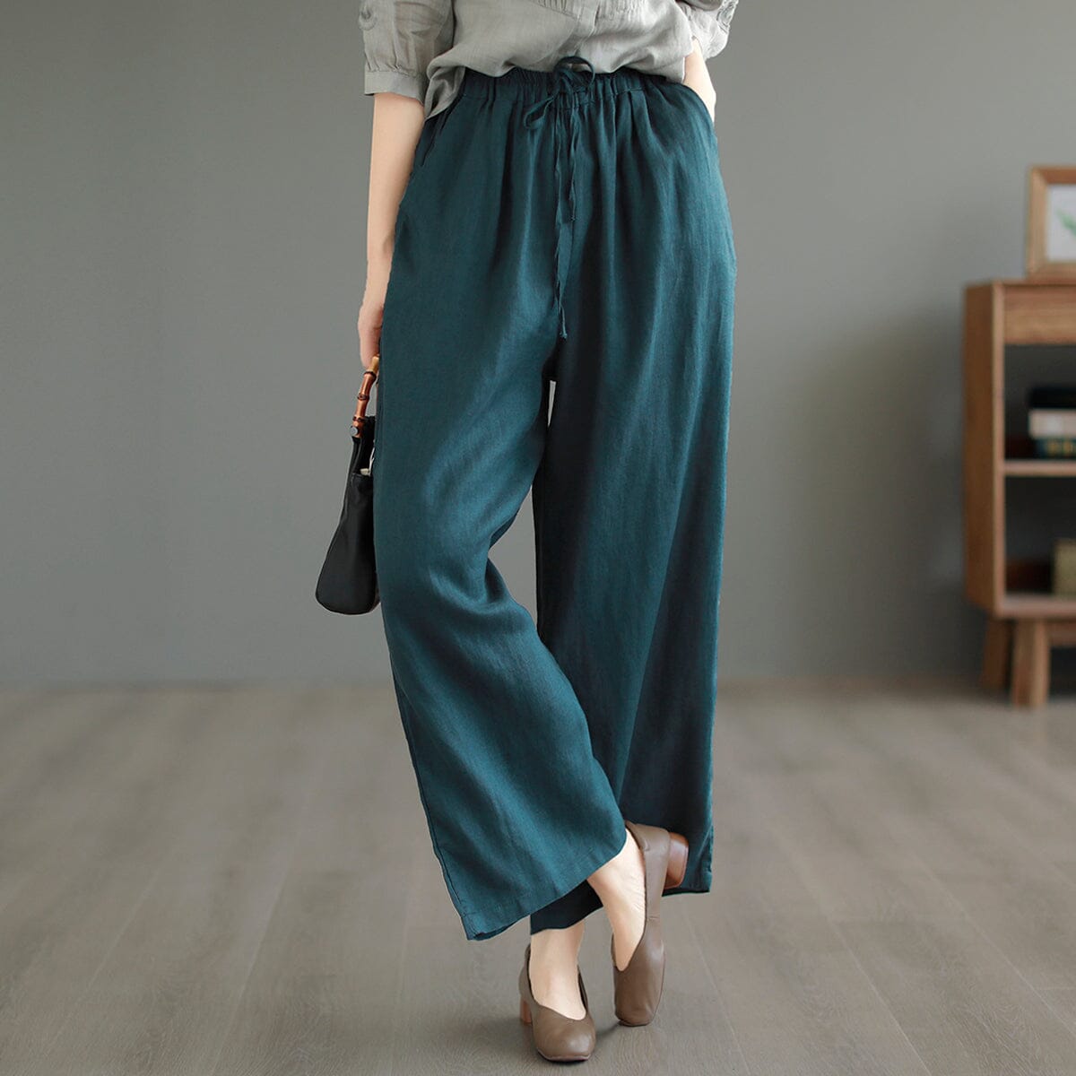 Women Summer Solid Loose Linen Casual Wide Leg Pants May 2023 New Arrival One Size Dark Green 