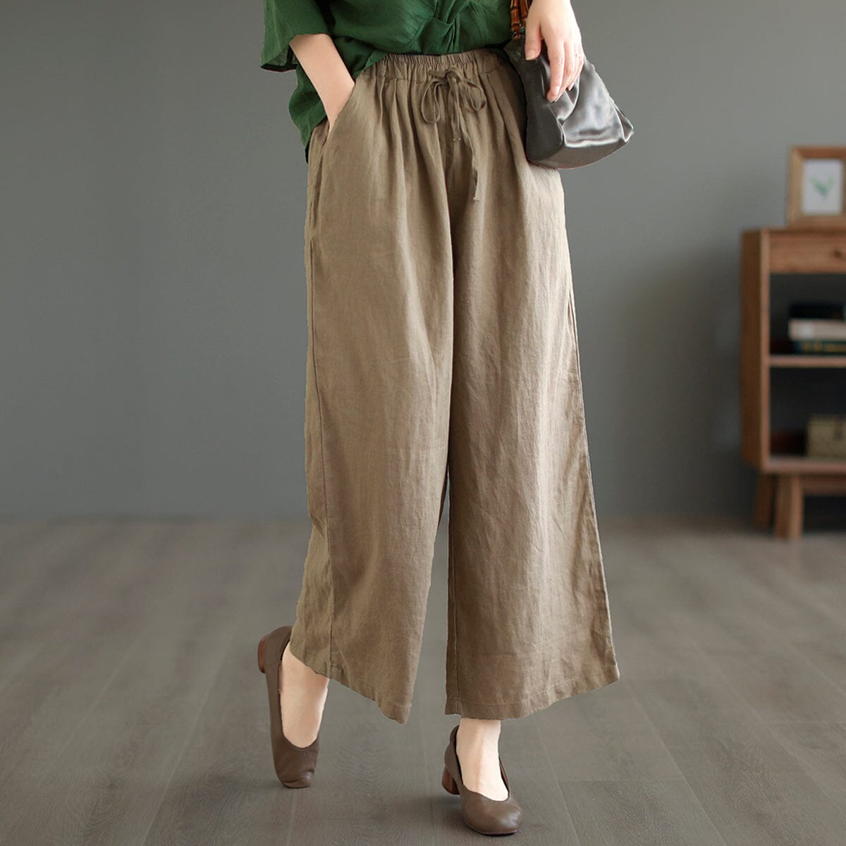 Women Summer Solid Loose Linen Casual Wide Leg Pants May 2023 New Arrival One Size Khaki 