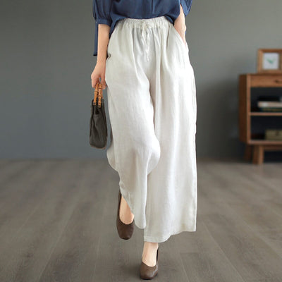 Women Summer Solid Loose Linen Casual Wide Leg Pants May 2023 New Arrival One Size White 