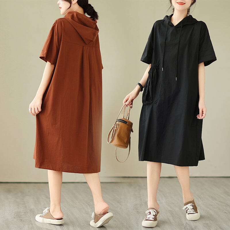Women Summer Solid Patchwork Loose Hooded Dress