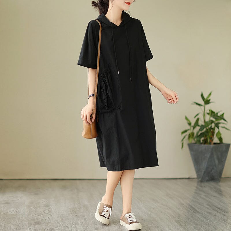 Women Summer Solid Patchwork Loose Hooded Dress