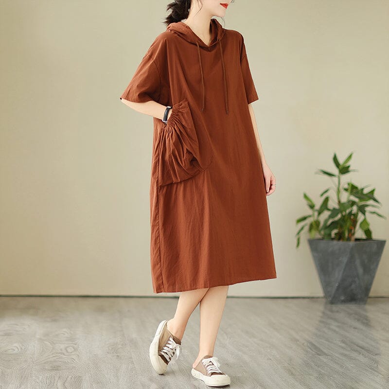 Women Summer Solid Patchwork Loose Hooded Dress Jul 2023 New Arrival L Coffee 