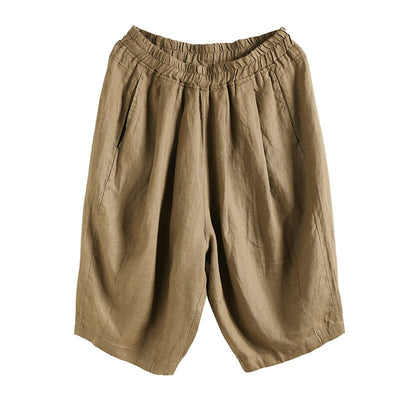 Women Summer Solid Retro Linen Casual Shorts