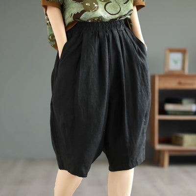 Women Summer Solid Retro Linen Casual Shorts May 2023 New Arrival One Size Black 