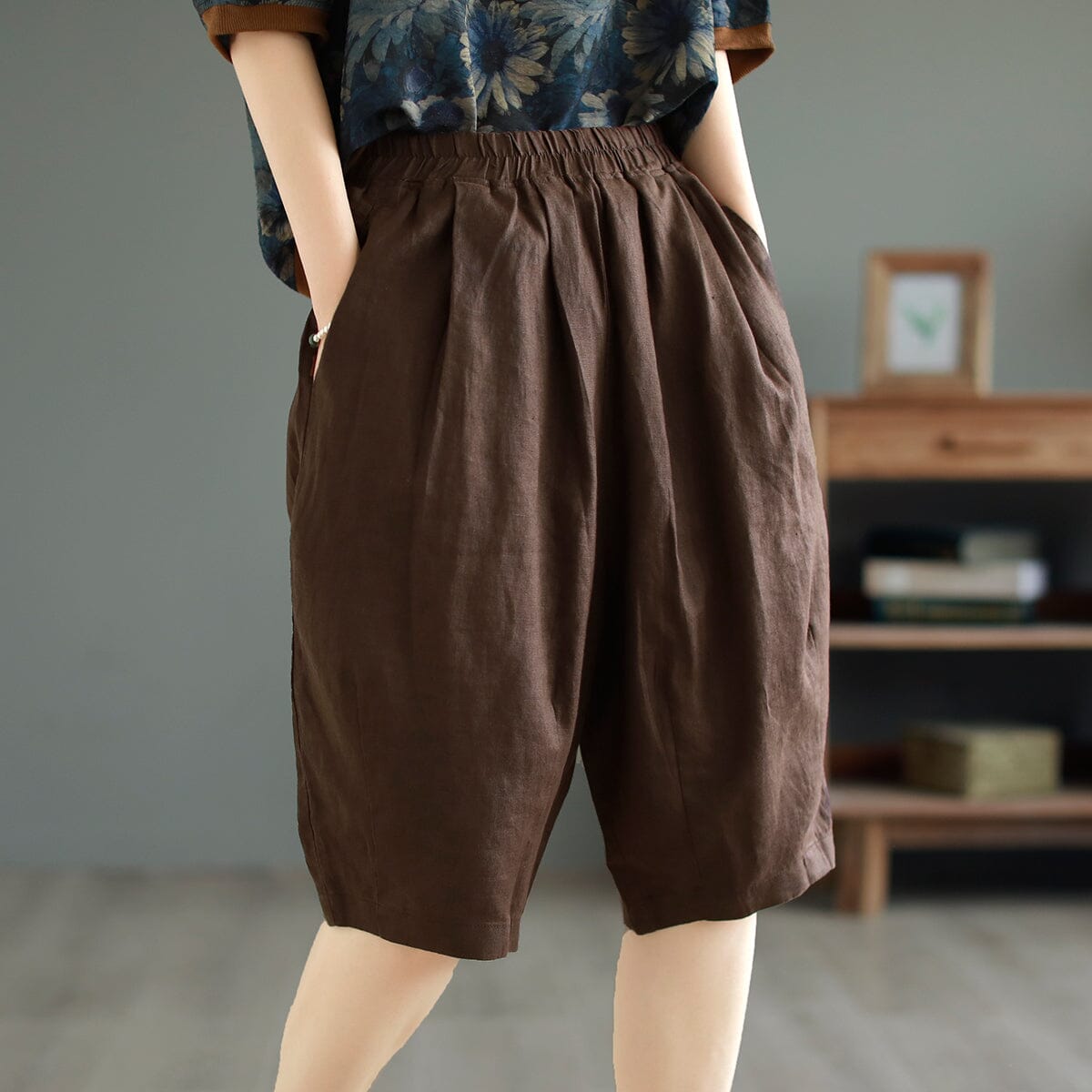 Women Summer Solid Retro Linen Casual Shorts May 2023 New Arrival One Size Coffee 