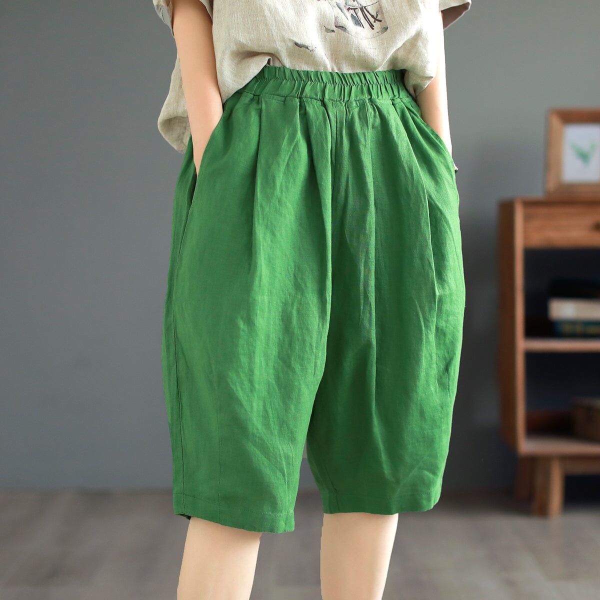 Women Summer Solid Retro Linen Casual Shorts May 2023 New Arrival One Size Green 