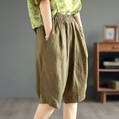 Women Summer Solid Retro Linen Casual Shorts May 2023 New Arrival One Size Khaki 