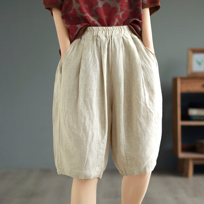 Women Summer Solid Retro Linen Casual Shorts May 2023 New Arrival One Size Linen 