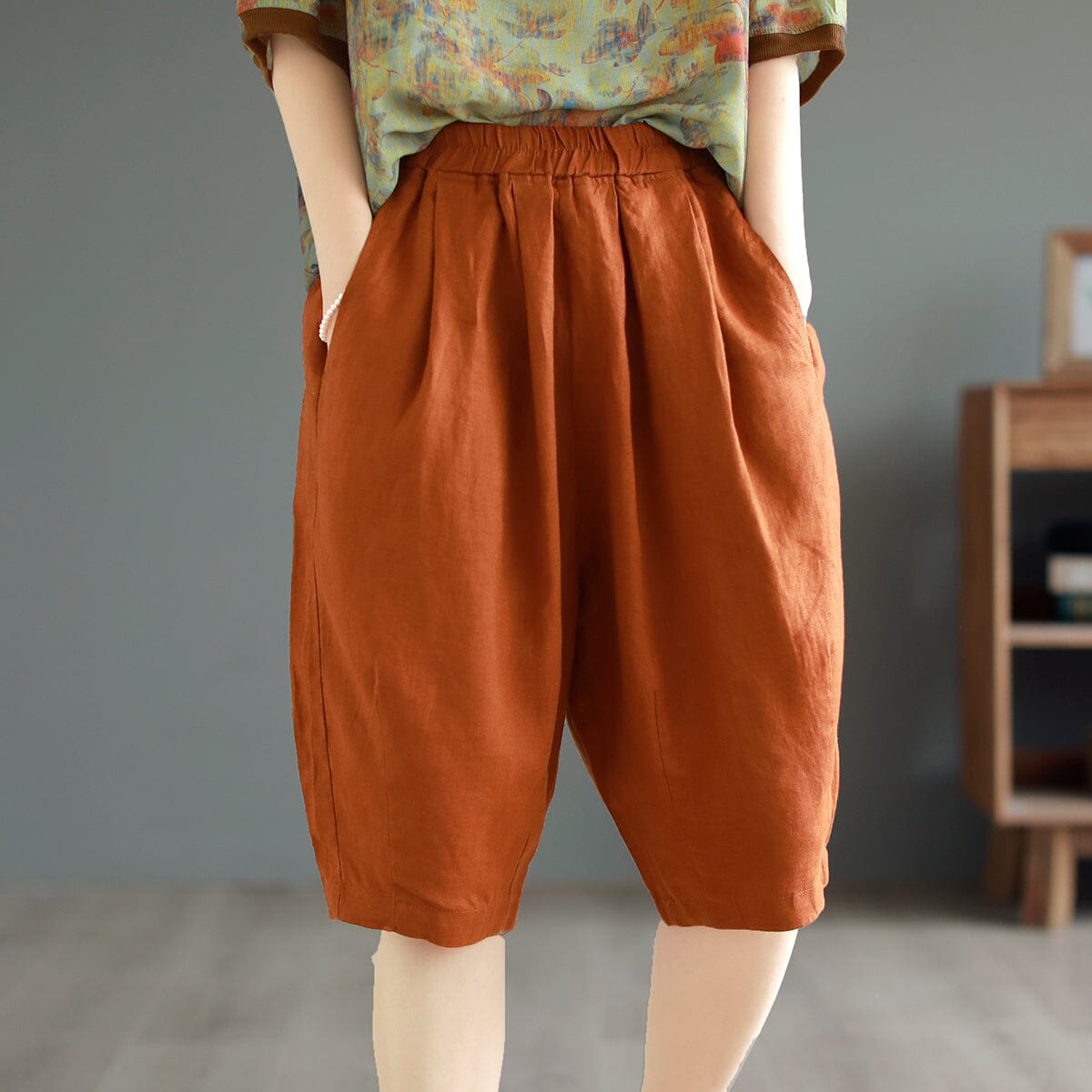 Women Summer Solid Retro Linen Casual Shorts May 2023 New Arrival One Size Orange 