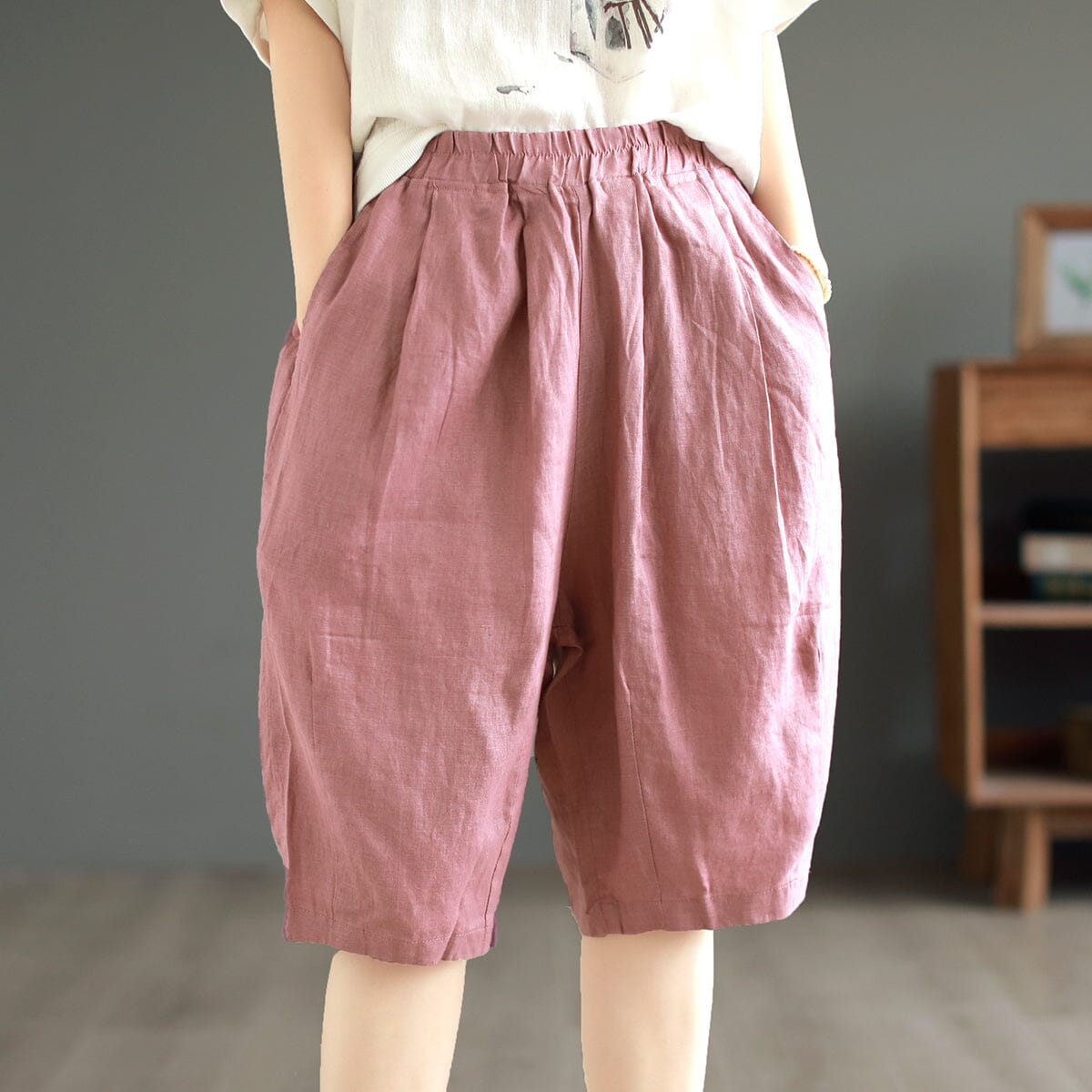 Women Summer Solid Retro Linen Casual Shorts May 2023 New Arrival One Size Pink 