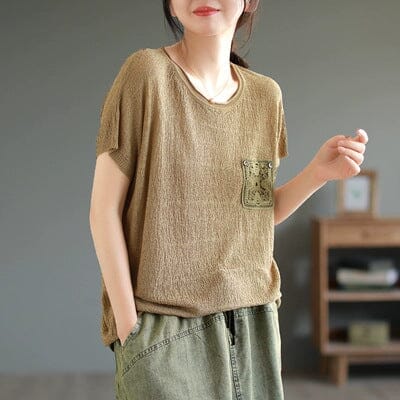 Women Summer Stylish Casual Cotton Kintted T-Shirt May 2023 New Arrival Khaki One Size 