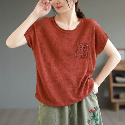 Women Summer Stylish Casual Cotton Kintted T-Shirt May 2023 New Arrival Red One Size 